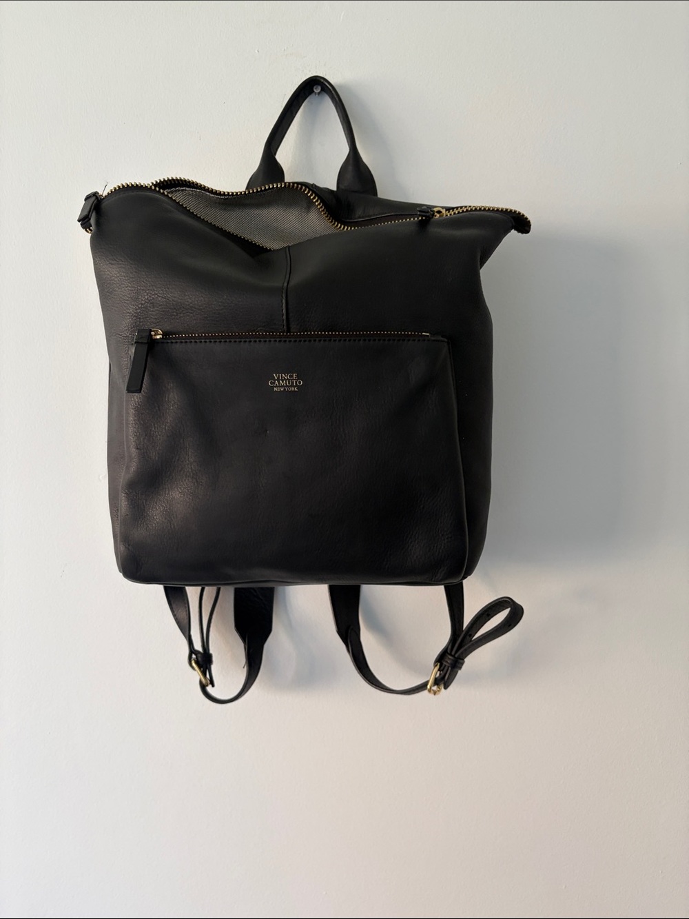 Vince Camuto Black Leather Backpack with Gold Hardware Accents